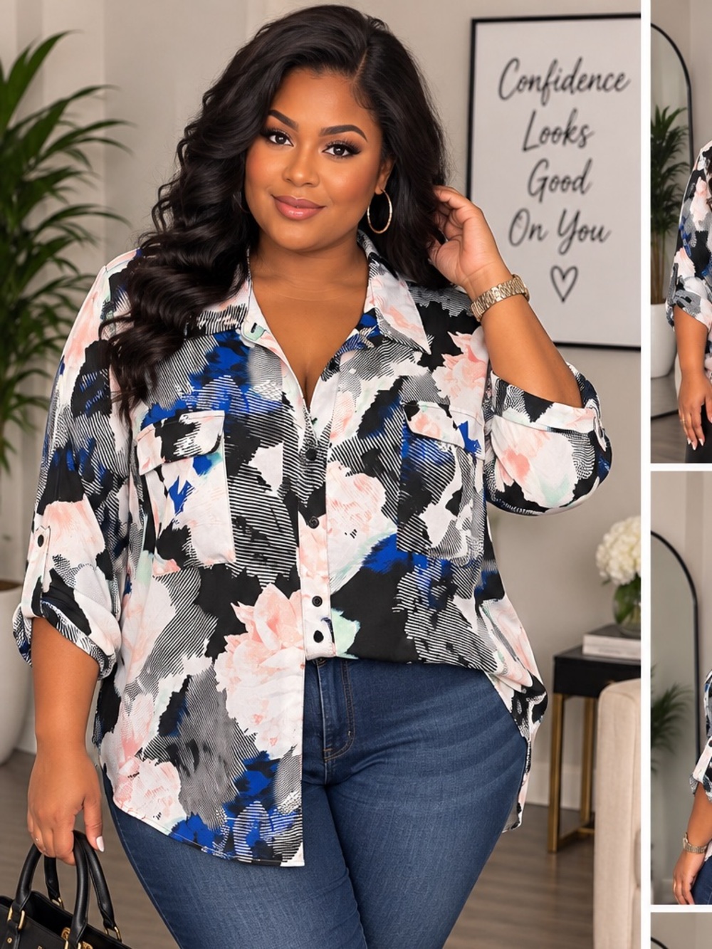 Worthington Plus Size Floral-Abstract Button Down Shirt - Black, Blue & Blush